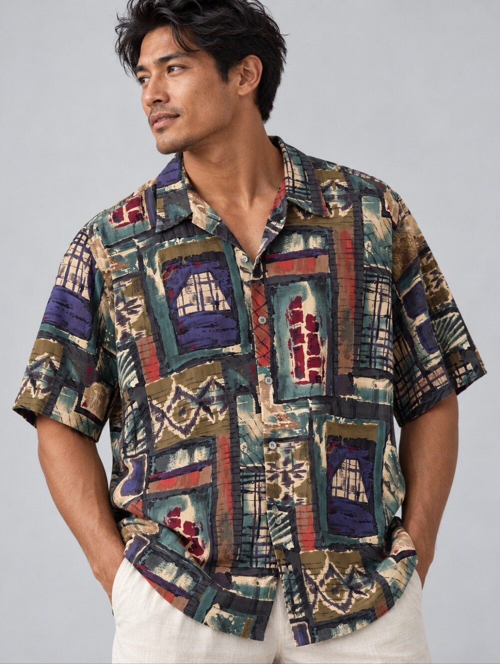Vintage Tori Richard Cotton Lawn Abstract Geometric Hawaiian Shirt Mens Size 2XL